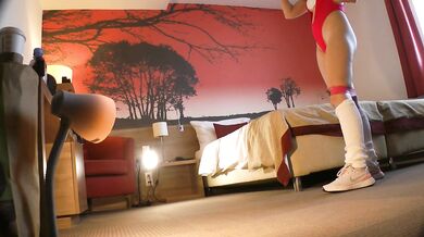 Fitness Teacher Sexy Hot Tight Pussy Ana shows her skills in Red Monokini Bikini in a Hotel Room