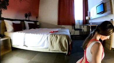 Fitness Teacher Sexy Hot Tight Pussy Ana shows her skills in Red Monokini Bikini in a Hotel Room