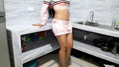 cute brunette in the kitchen I fill her (I) with milk
