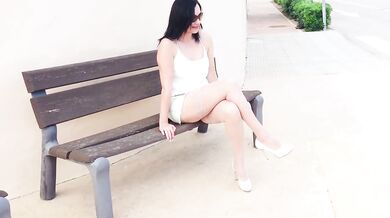 Dirty whore walks the street with a wet pussy and a mouthful of cum after masturbating in public
