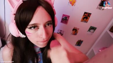 Dva Owerwatch Cosplay. Gamer Girl Ride Dildo & Sucking Cock While Playing