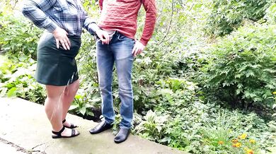 MILF gives golden shower after helping man pee outside