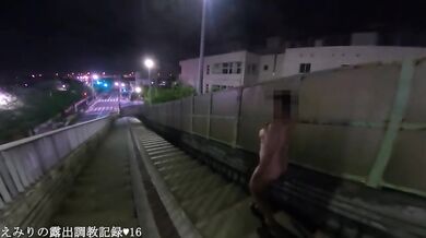 emiri Walking naked on footbridge & spread legs in the middle of the road