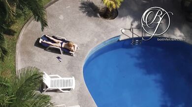 Spying my sexy MILF neighbor by the pool, voyeur fetish