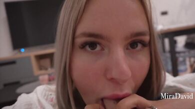 Hottie in pajamas sucks my dick on the couch - MiraDavid