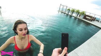 Accidentally cum in her pussy near the rooftop pool - SolaZola