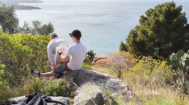 Spontaneous sex while hiking with a view over the city