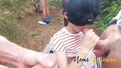In the woods sharing slutty wife and her mouth with strangers for blowjobs and cumshots