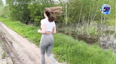 Beautiful bitch in tight leggings on a run, shows wet big tits and ass. Casual sex
