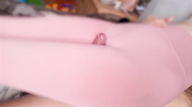 Sweet skinny babe with big beautiful ass in pink fitness leggings let an old man cum on cameltoe