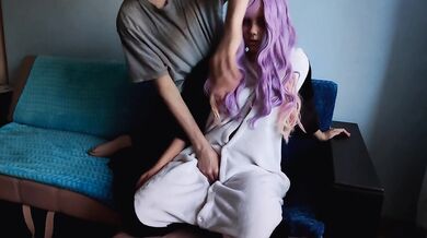 Cute girl with purple hair is delighted with my penis