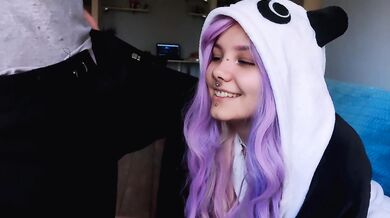 Cute girl with purple hair is delighted with my penis