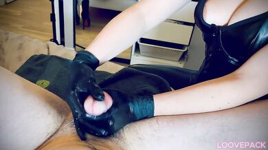 POV huge cumshot from milking and high heels trampling in shiny leggings