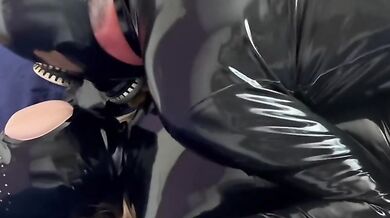 Fucking in a latex vagina mask and gas mask.