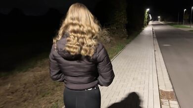 Naughty teenage couple goes for a walk at night and gets caught having sex in public