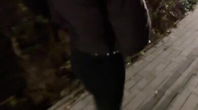 Naughty teenage couple goes for a walk at night and gets caught having sex in public