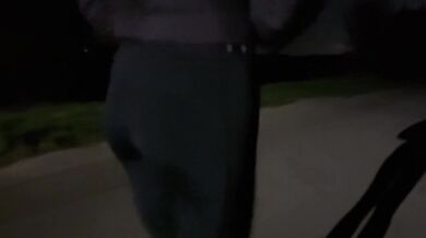 Naughty teenage couple goes for a walk at night and gets caught having sex in public