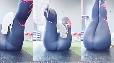 Stretching at the Gym in see through Leggings