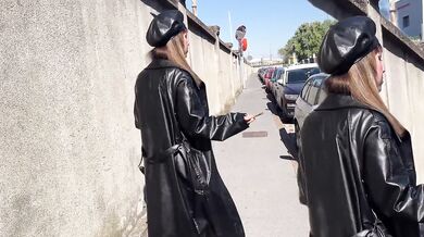 Miss Sandra Domina - Fetish walk and smoking with leather boots and leather leggings