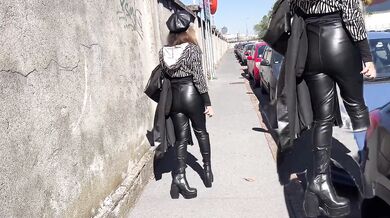 Miss Sandra Domina - Fetish walk and smoking with leather boots and leather leggings