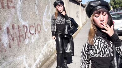 Miss Sandra Domina - Fetish walk and smoking with leather boots and leather leggings