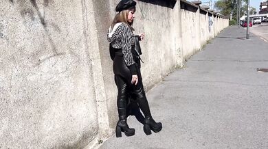 Miss Sandra Domina - Fetish walk and smoking with leather boots and leather leggings