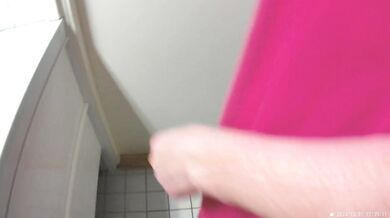 Quick bathroom handjob at a house party, big ass in leather leggings