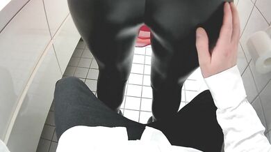 Quick bathroom handjob at a house party, big ass in leather leggings