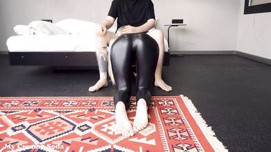 Blonde in leather leggings gets a juicy cum mouth while kneeling pov. Big sexy ass view blowjob