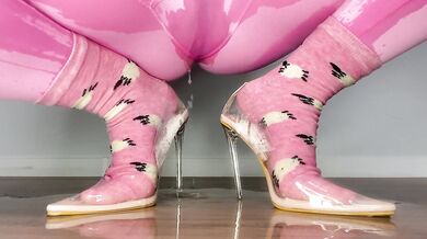 Peeing Leggings and Socks in See-Through Heels
