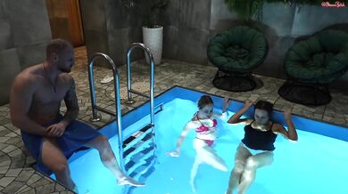 He's lucky! He Fucks a hot MILF and a Cute 18-year-old in a Sauna!