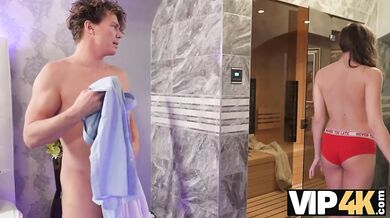 VIP4K. Stacy Cruz enters her own sauna and catches handsome stranger