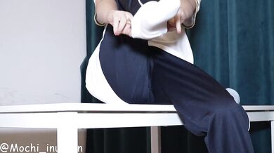 Cute girl in Chinese school uniform wereing white stocking shows off her butt