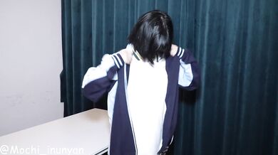 Cute girl in Chinese school uniform wereing white stocking shows off her butt