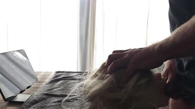 Fucking sexdoll head and cumming on big boobs while watching Chinese porn wearing metal cock ring