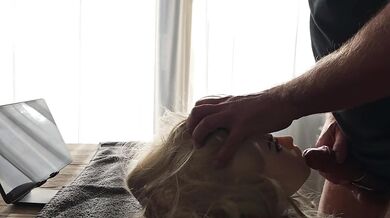 Fucking sexdoll head and cumming on big boobs while watching Chinese porn wearing metal cock ring