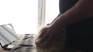 Fucking sexdoll head and cumming on big boobs while watching Chinese porn wearing metal cock ring