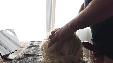 Fucking sexdoll head and cumming on big boobs while watching Chinese porn wearing metal cock ring