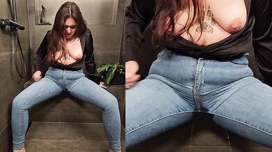 Peeing in Her Jeans and Cums. He can no longer just watch, he must cum on those tits! Pissing, load
