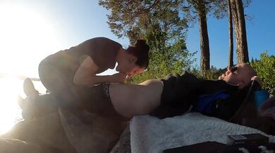 Norwegian girl giving blowjob on a lake