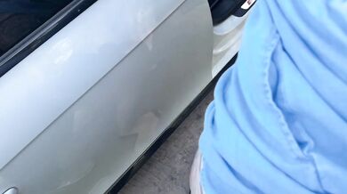 Is she jerking off her pussy in my car? Fuck! Now she's getting fucked outdoors!