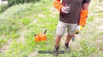 Stranger Challenge - French milf with big tits empties the gardener's balls on her face!