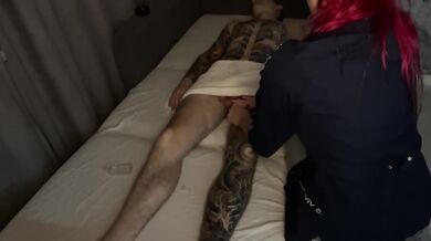 Dirty talk between a masseuse and a client, loud blowjob