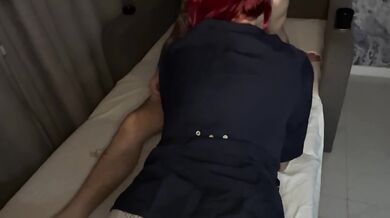 Dirty talk between a masseuse and a client, loud blowjob