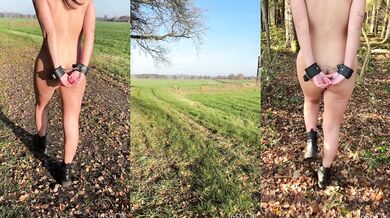 Girl, tied up, walks naked through the forest