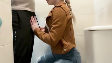 Big-Breasted Teacher Sucks her Student's Cock in the university Bathroom