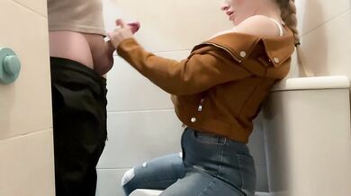 Big-Breasted Teacher Sucks her Student's Cock in the university Bathroom