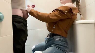 Big-Breasted Teacher Sucks her Student's Cock in the university Bathroom