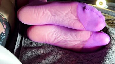 I jerk his cock and balls with my stockings, he rewards me with a cumshot on my soles!