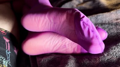 I jerk his cock and balls with my stockings, he rewards me with a cumshot on my soles!
